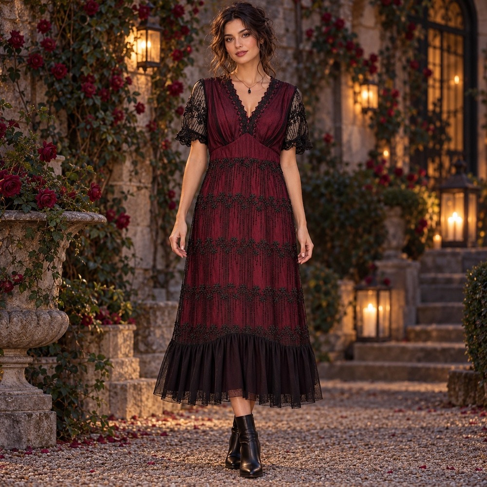 NEWBurgundy Black Lace Midi Dress M Goth Dark Romantic Witchy Embroidered Ruffle